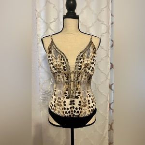 Bebe Embellished Slit Front Bodysuit Size M NWT